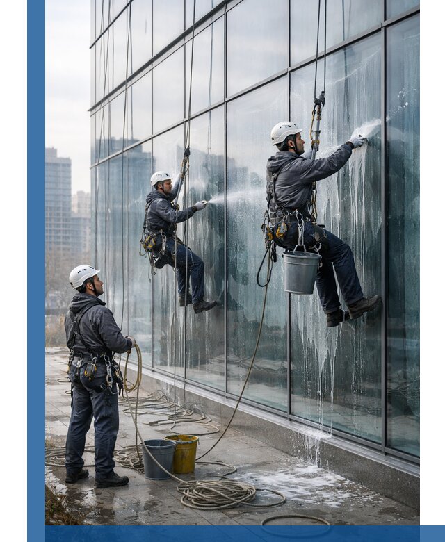 Промышленная мойка панорамных окон на высоте в Карасуке