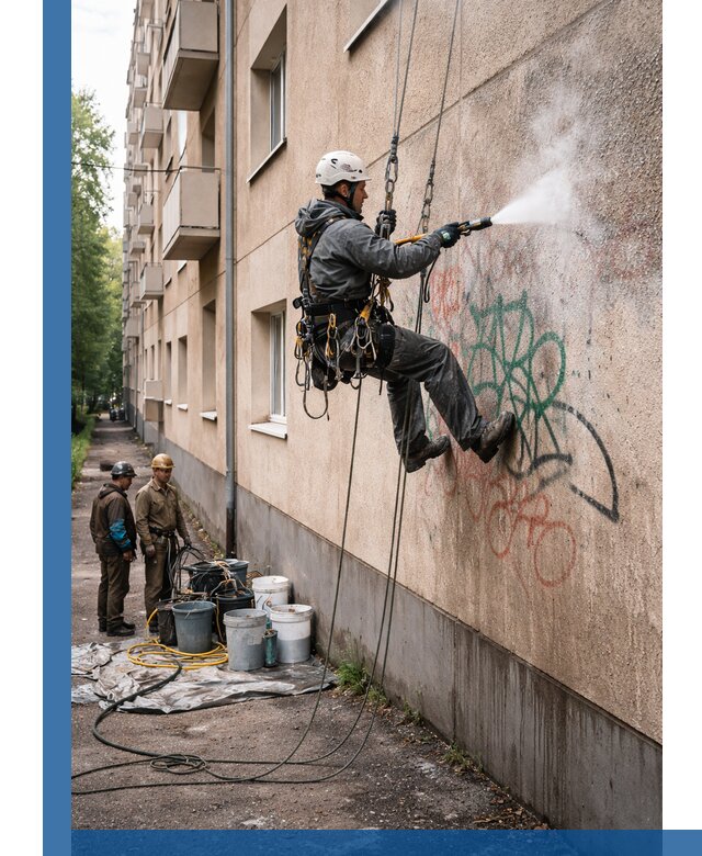 Удаление граффити с фасада в Карасуке без следов и повреждений