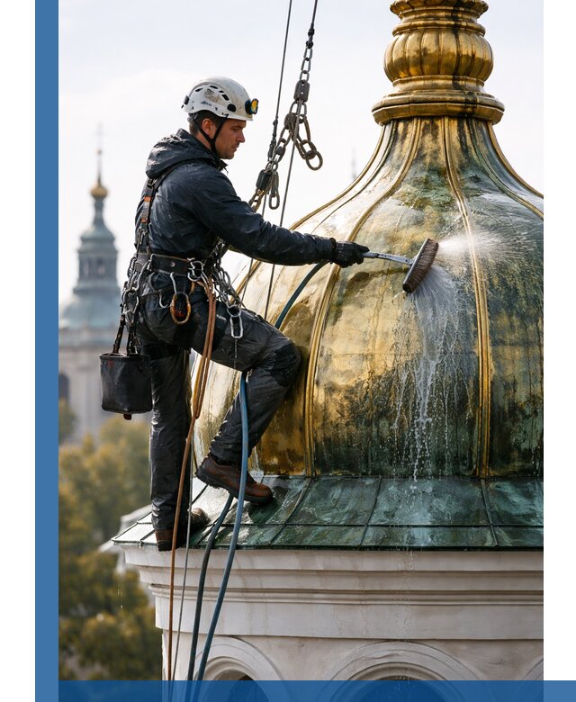 Профессиональная мойка куполов и шпилей высотными альпинистами в Карасуке