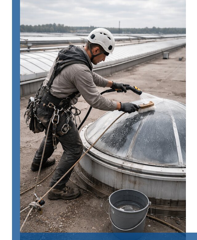 Мойка зенитных фонарей на кровле для промышленных объектов в Карасуке