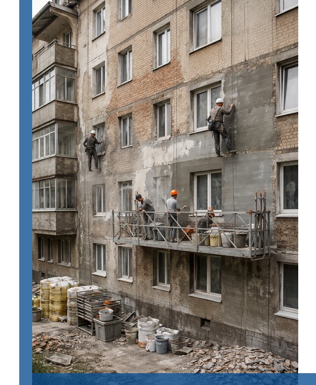 Капитальный ремонт фасада в Карасуке с восстановлением и гидроизоляцией