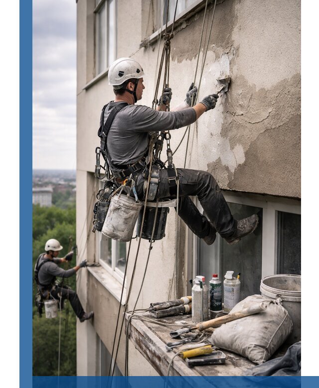 Косметический ремонт фасада зданий в Карасуке промышленными альпинистами