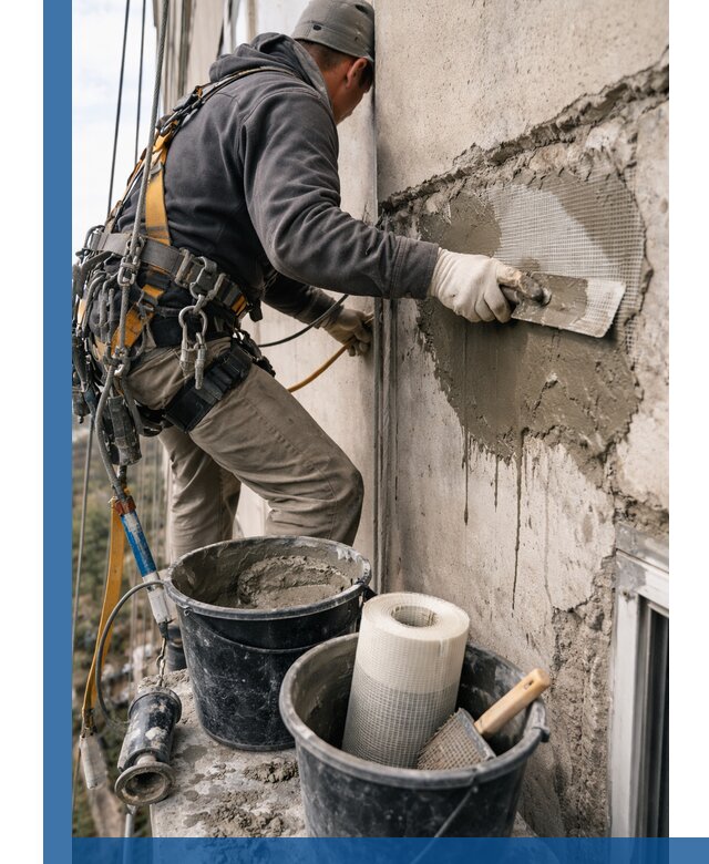 Ремонт бетонных элементов фасада промышленными альпинистами в Карасуке