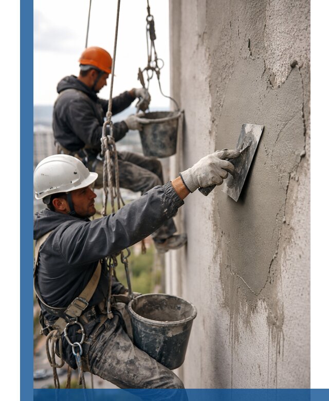 Штукатурка фасада на высоте в Карасуке профессиональные работы