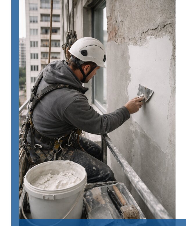 Шпаклевка фасадов на высоте с промальпинистами в Карасуке