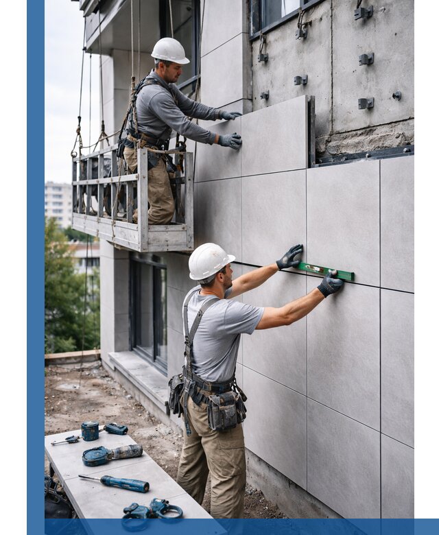 Монтаж керамогранита на фасад в Карасуке под ключ с гарантией качества