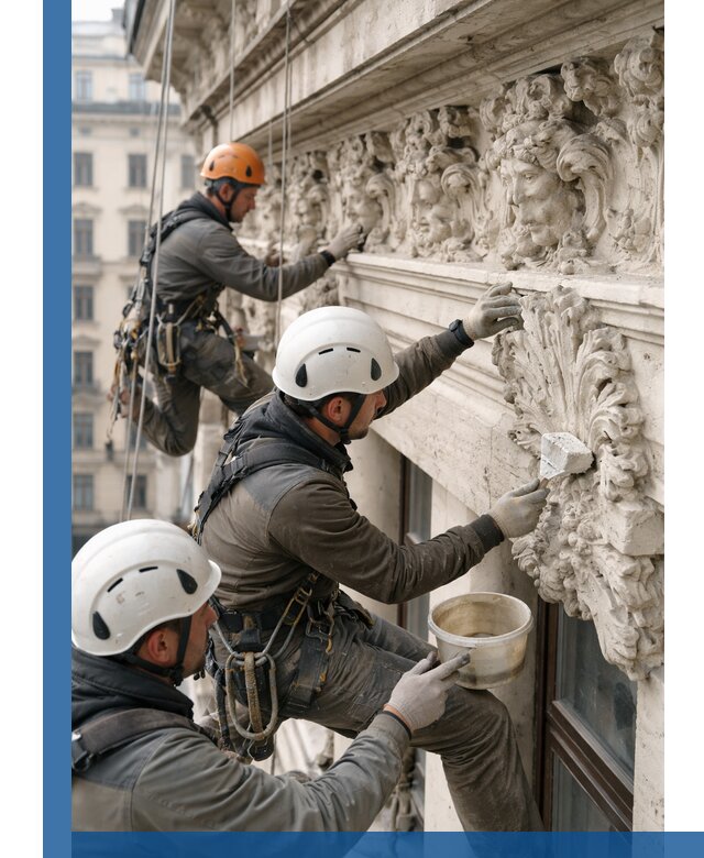 Реставрация фасадной лепнины с высотными работами в Карасуке