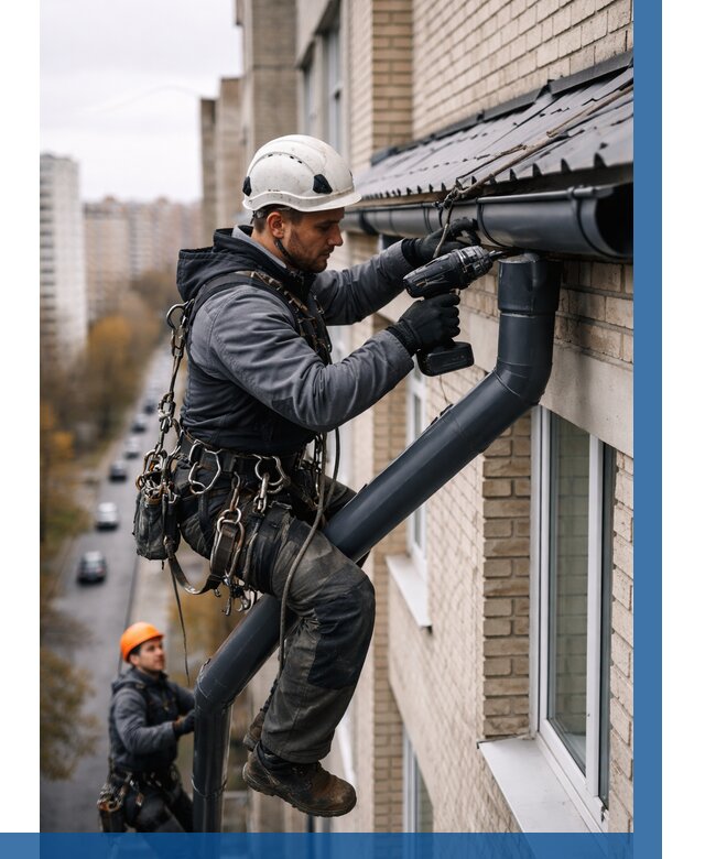 Монтаж водосточной системы на здании в Карасуке от 5079 р. | ВЫСОТНИК-Кск