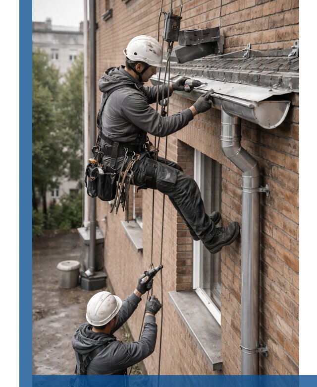 Монтаж водосточной системы на здании в Карасуке под ключ