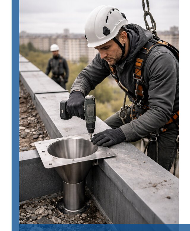 Монтаж водосточных воронок в Карасуке для промышленных зданий