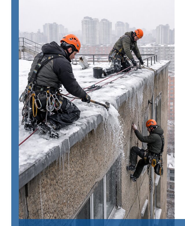 Удаление наледи с кровли в Карасуке промышленными альпинистами