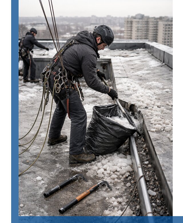 Аварийная очистка кровли в Карасуке от промальпинистов