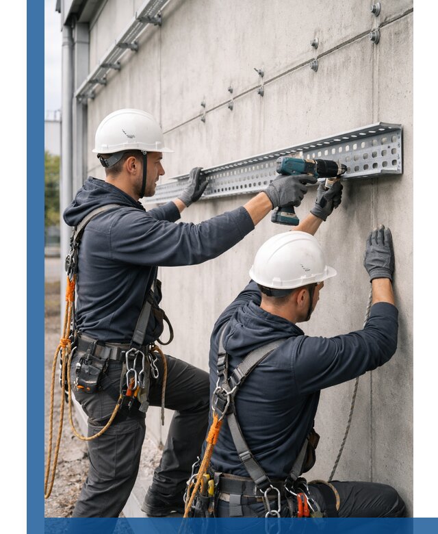 Монтаж кабельных лотков на фасаде зданий в Карасуке с гарантией