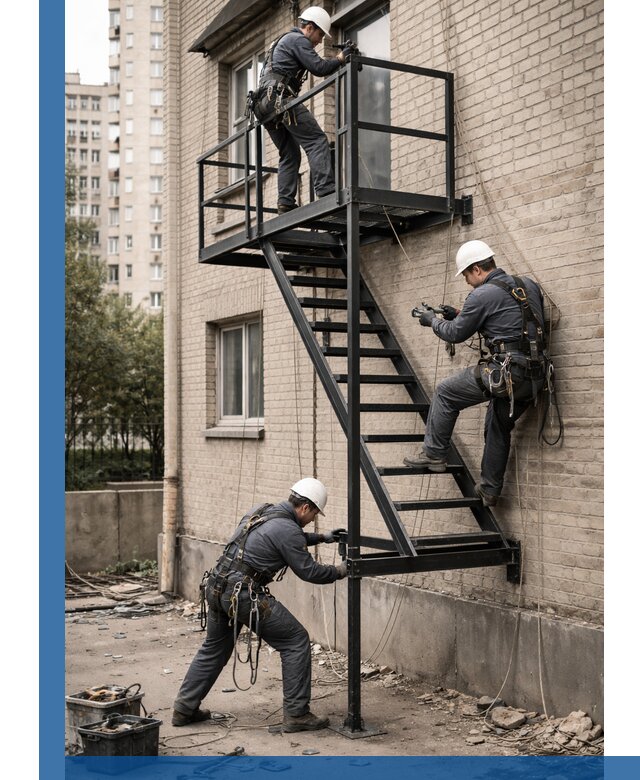 Монтаж пожарной лестницы в Карасуке, установка и крепление