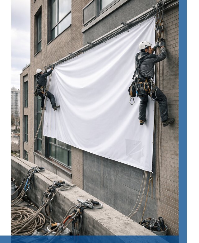 Монтаж баннеров на фасаде в Карасуке от 660 р. заказать ВЫСОТНИК-Кск