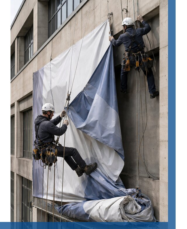 Демонтаж баннеров с фасада в Карасуке от 4571 р. | ВЫСОТНИК-Кск