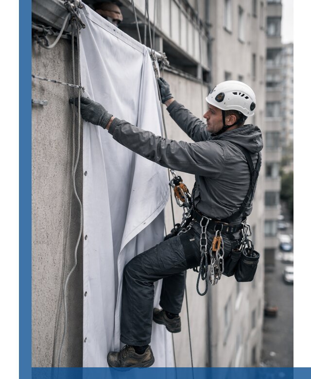 Замена баннерного полотна промышленными альпинистами в Карасуке