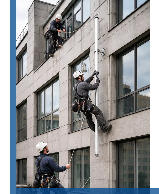 Монтаж флагштока на фасаде здания с креплением и герметикой в Карасуке