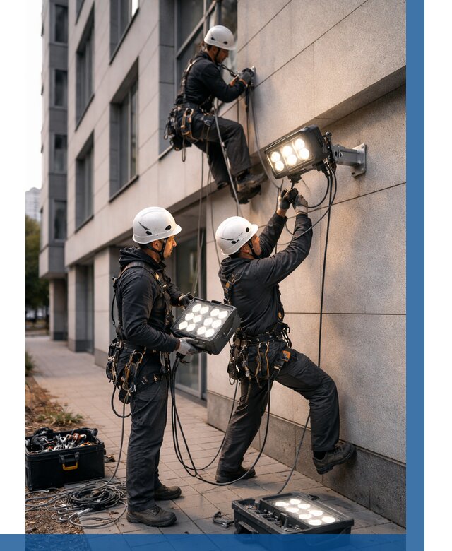 Монтаж прожекторов на фасаде в Карасуке от 7618 р. | ВЫСОТНИК-Кск