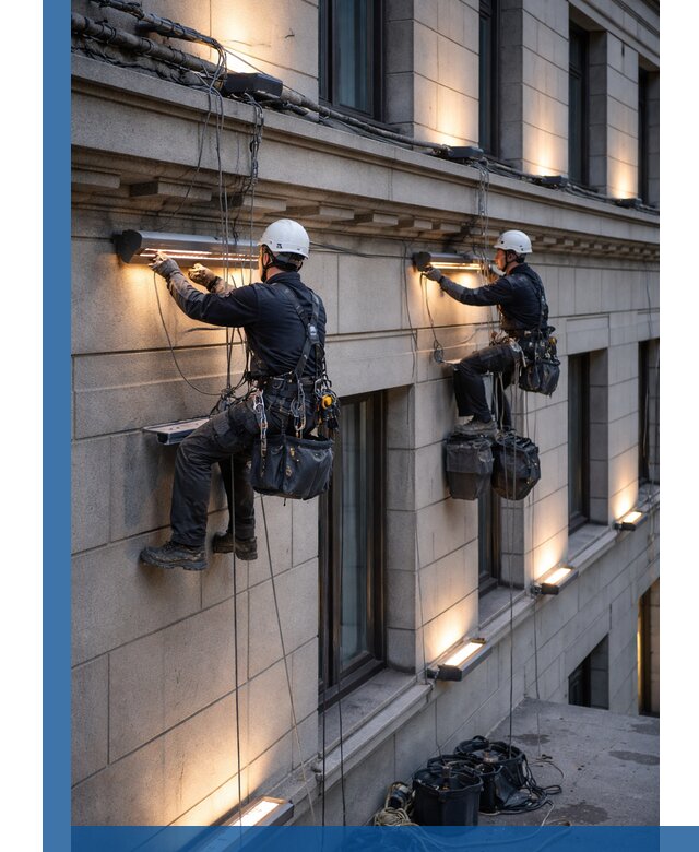 Монтаж архитектурной подсветки фасадов зданий в Карасуке