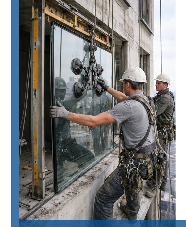 Монтаж стеклопакетов на высоте в Карасуке с промышленным альпинизмом