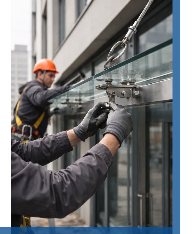 Монтаж стеклянных козырьков в Карасуке от 8633 р. | ВЫСОТНИК-Кск