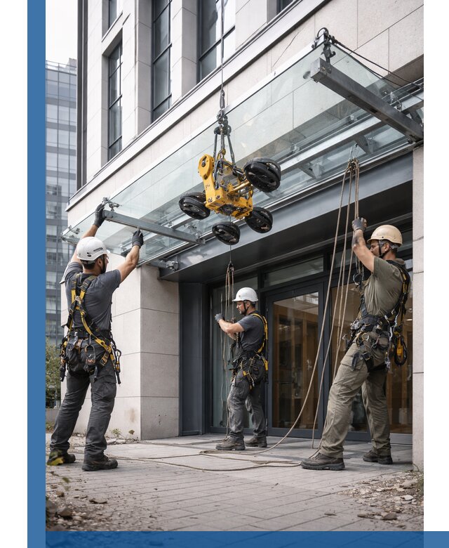 Монтаж стеклянных козырьков под ключ в Карасуке для зданий