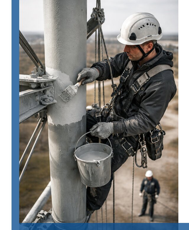 Покраска мачт связи в Карасуке промышленными альпинистами