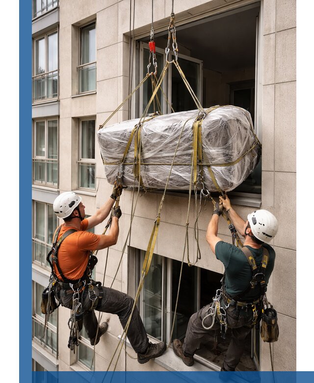 Подъем грузов через окно в Карасуке промышленными альпинистами