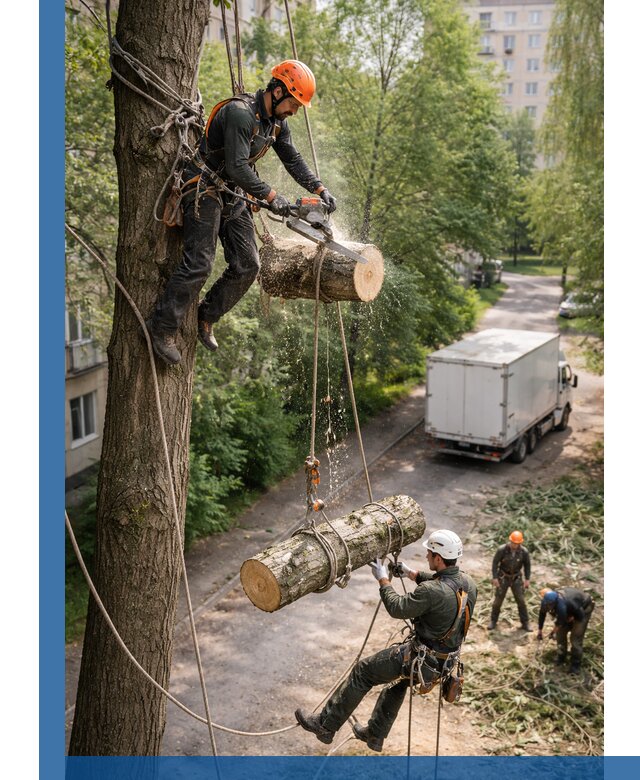 Спил деревьев альпинистами в Карасуке, безопасно и без повреждений