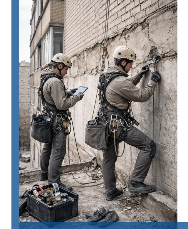 Обследование фасада промышленными альпинистами в Карасуке